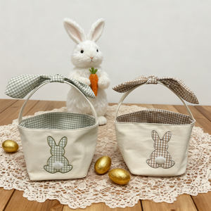 Panier <span class=keywords><strong>de</strong></span> Pâques personnalisé en gros avec nœud, panier à œufs <span class=keywords><strong>de</strong></span> Pâques, panier <span class=keywords><strong>de</strong></span> Pâques en toile avec queue <span class=keywords><strong>de</strong></span> lapin en pompon à carreaux, lapin mignon personnalisé - Product Image 5
