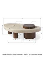 Table basse moderne en pierre et bois, beige, travertin, placage noyer, tailles personnalisées pour résidences haut de gamme et studios de design