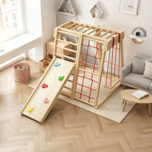 Parque Infantil Montessori de Madera para Niños, Estructura de Juego Interior y Exterior con Tobogán y Triángulo de Escalada - Product Image 3