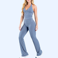 Set Yoga 2 Potong Wanita Terlaris, Pakaian Olahraga Sensasi Nude, Atasan Halter Tanpa Punggung & Legging Melebar Bahan Nylon/Spandex, Set Fitness Gym