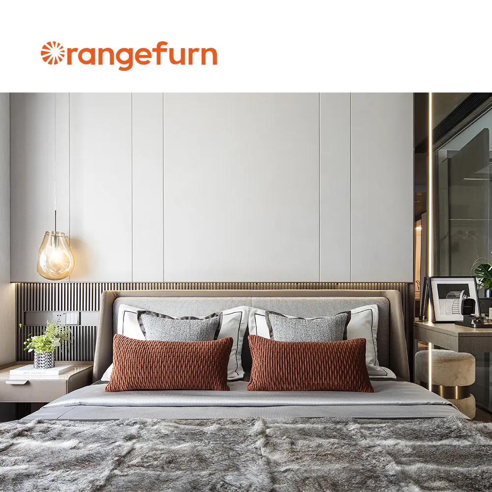 Orangefurn Set perabot Modern, tempat tidur ratu dengan kasur papan kepala dudukan malam, Set kamar tidur utama
