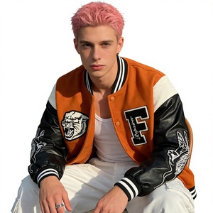 Blouson Bomber Homme Style Américain Vintage en Cuir PU avec Motif Cœur Brodé, Col Montant et Boutonnage Simple - Product Image 2