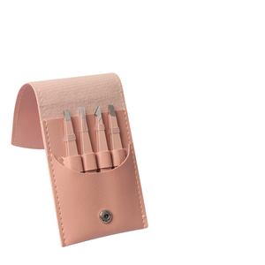 Juego de 4 pinzas para cejas RMI Wholesale, de acero inoxidable con punta plateada y recubrimiento en polvo color marrón oscuro, con punta inclinada. - Product Image 1