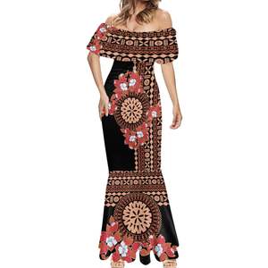 Vestido Túnica <span class=keywords><strong>Sexy</strong></span> con Estampado Tribal <span class=keywords><strong>Masi</strong></span> Tapa de Flores Tagimoucia de Fiji, Falda Ajustada con Cola de Pez, Vestido Polinesio de Manga Corta, Vestido con Hombros Descubiertos - Product Image 1