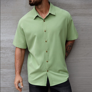 2025 Áo sơ mi nam mới giản dị poplin kích thước lớn Ngắn Tay Nút xuống đồng bằng nhuộm màu đậu xanh Polyester/cotton chống Đóng cọc - Product Image 1