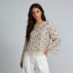 OUDINA Nuova Collezione Boutique: Top Corto con Paillettes e Frange, Collo Tondo, Manica Lunga, Taglia XXL Plus Size per <span class=keywords><strong>Donna</strong></span> - Product Image 2