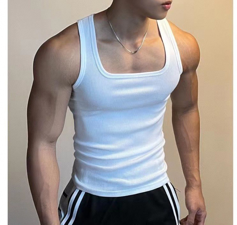 Qualidade em branco treino tank top com nervuras tank top homens Square Collar fitness ginásio tank top para homens