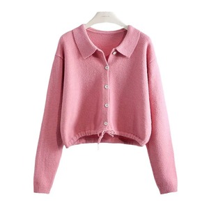 Cardigan rose à col polo pour femme Zhan Ya, tricoté à manches longues, coupe ajustée, simple boutonnage, anti-boulochage - Product Image 5