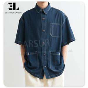 LARSUR produttore di abbigliamento personalizzato cotone saia maniche corte camicie da lavoro Multi tasca con bottone Jeans Jeans camicia da lavoro per gli uomini - Product Image 1