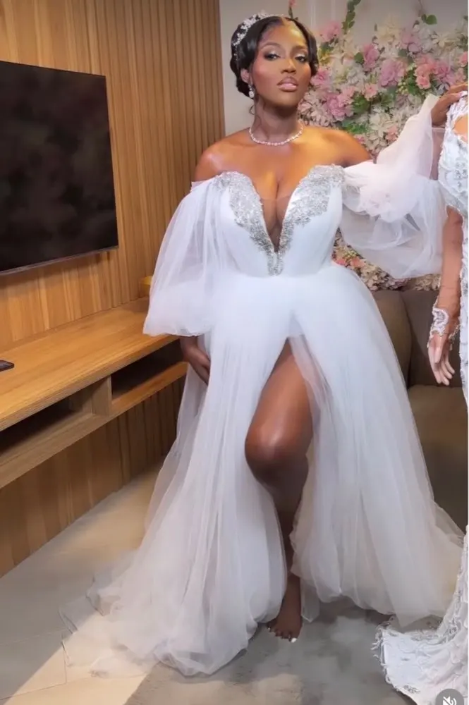 off shoulder bridal shower dress ZAPAKA Women Ivory Corset Off the Shoulder Midi Wedding Dress with Detachable Bow A Line Ruched Satin Bridal Shower Dress with 3/4 Sleeves, Ivory /