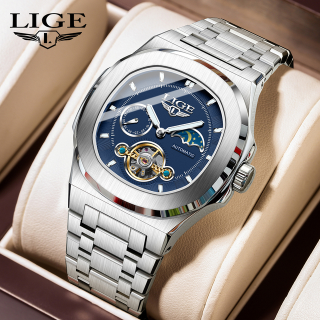 LIGE LG6837 Self-Winding Watch for Men Automatic Mechanical Tourbillon Moon Phase Steel Waterproof Luminous Dress WristWatch+box