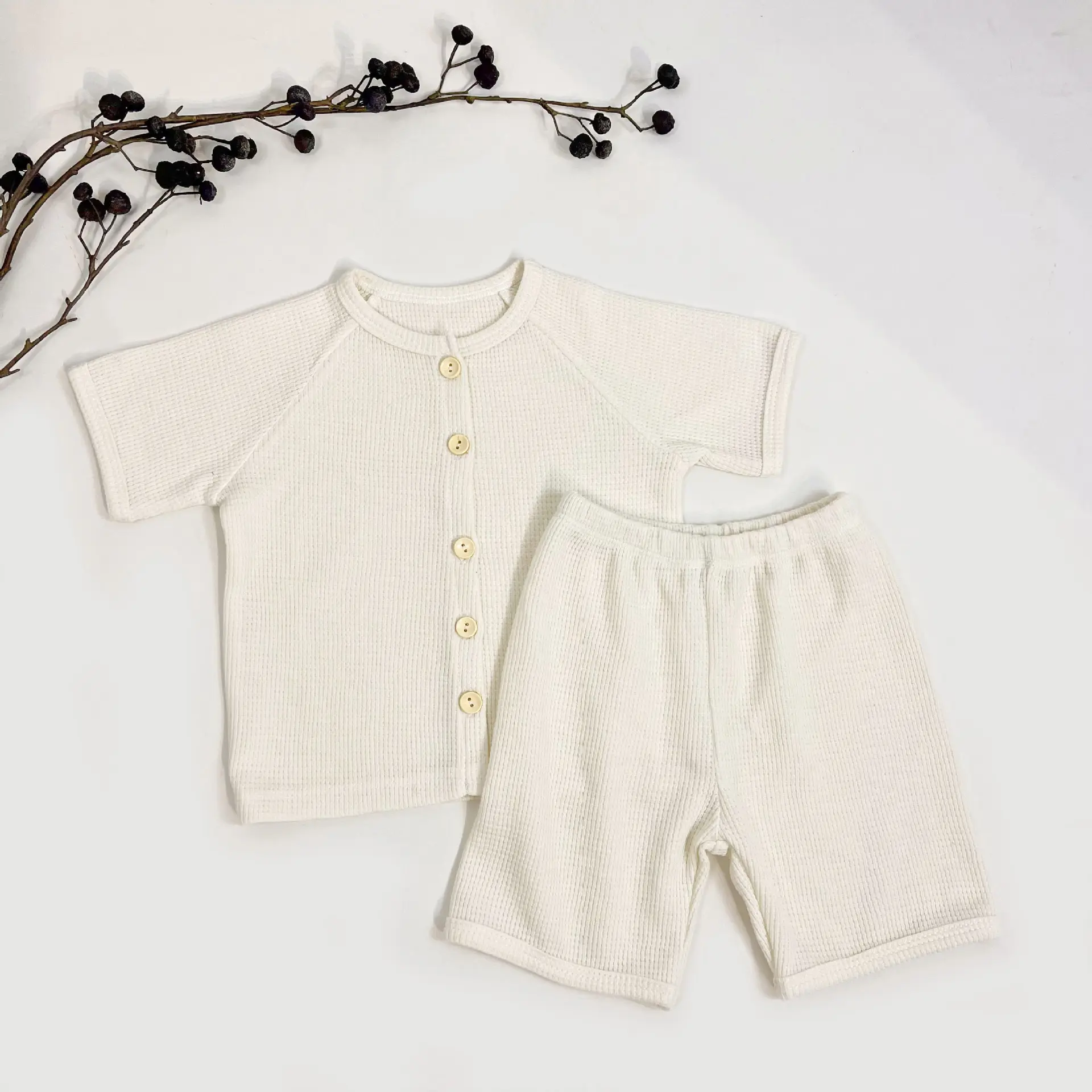 여름 아기 와플 잠옷 새로운 아기 의류 반팔 티셔츠 어린이 홈웨어 의류 세트 아기 잠옷 잠옷