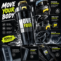 Bouteille d'eau de sport grande capacité 800 ml avec shaker, sans BPA, bec en silicone, poignée dissimulée, marques graduées, logo personnalisé, vente en gros OEM
