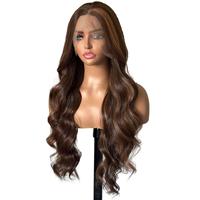 Perruque élégante en fibre synthétique avec dentelle transparente 13*4, effet ombré cuivre, ondulations lâches, mèches 1B/30 noir-brun