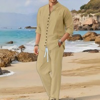 Ensemble 2 pièces Jiaer pour homme : Chemise à col montant en lin à manches trois-quarts et pantalon à cordon de serrage – Tenue décontractée de plage – Vente en gros OEM