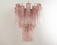 Grand Lustre Tube d'Albâtre Rose en Verre de Murano à Trois Niveaux