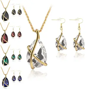 Set Perhiasan Berlian, Set Perhiasan Berlian Kalung Tetesan Air Kristal, Rantai Emas Pot Teh Pengantin Pernikahan