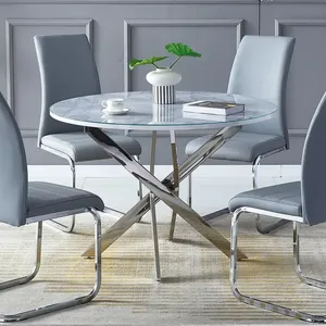 modern DIA 120 cm 140 cm MDF glass top ,stainless steel chromed color leg metal dining table