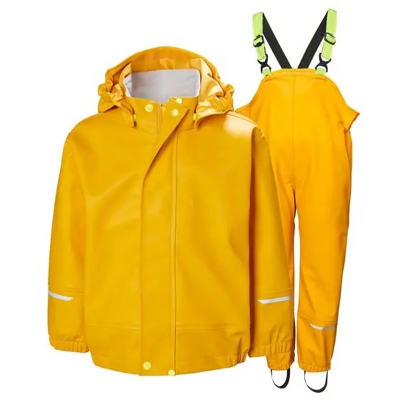 Custom Wholesale Outdoor Waterproof Jacket Bib Overall Yellow PU Raincoat Rain Suit For Kids Toddler