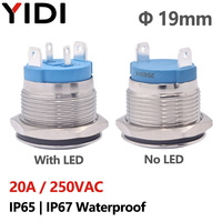 Interrupteur à bouton-poussoir en acier inoxydable 19 mm 20 A 250 V CA IP67/IP65, tête sphérique plate haute, momentané ou à enclenchement, 1NO, symbole d'alimentation en anneau