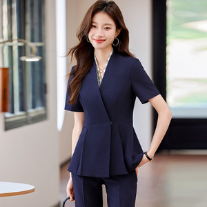 Women's Short Sleeve Suit Set V Neck Worsted Summer Office Lady Professional Workwear Anti Wrinkle Uniform - Product Image 2