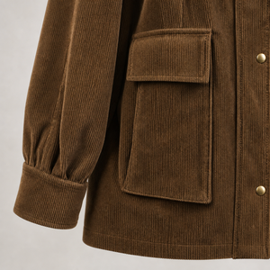 Women's <b>Brown</b> <b>Corduroy</b> Long <b>Jacket</b> With Fur Trim Collar Utility Style Full Sleeve Patch Pockets Autumn Winter Wear - Product Image 5
