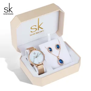 SHENGKE יוקרה תכשיטי שעונים צמידי עגיל שרשרת תכשיטי שעון מתנת סט תיבת K0039L12 כחול אביזרי יוקרה שעון סט