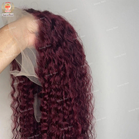 Perruques en cheveux humains bouclés birmans 99J, perruque frontale en dentelle 13x4 pour femmes, bordeaux, brésiliennes, densité 200%, cheveux humains Remy, perruques bouclées Pixie