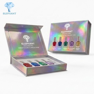 Boîte d'emballage en papier cosmétique de luxe avec insert découpé pour ensemble de vernis à ongles, en argent holographique, personnalisée avec motif éléphant, à couvercle rabattable magnétique - Product Image 5