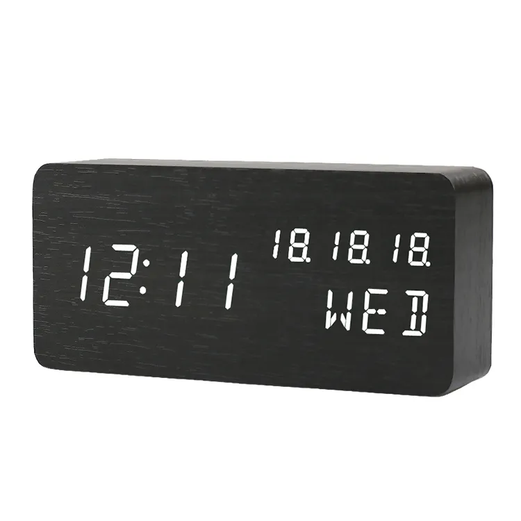 Hot Sale Wood Alarm Clock Smart Voice Control Desktop Digital LED Light wooden table clock temperature display 12/24hours custom