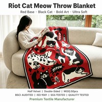Selimut Rajut Multi Cat Motif Merah Desain Menarik dan Menyenangkan Bolak-Balik Setengah Beludru untuk Sofa Tempat Tidur Rumah Grosir OEM