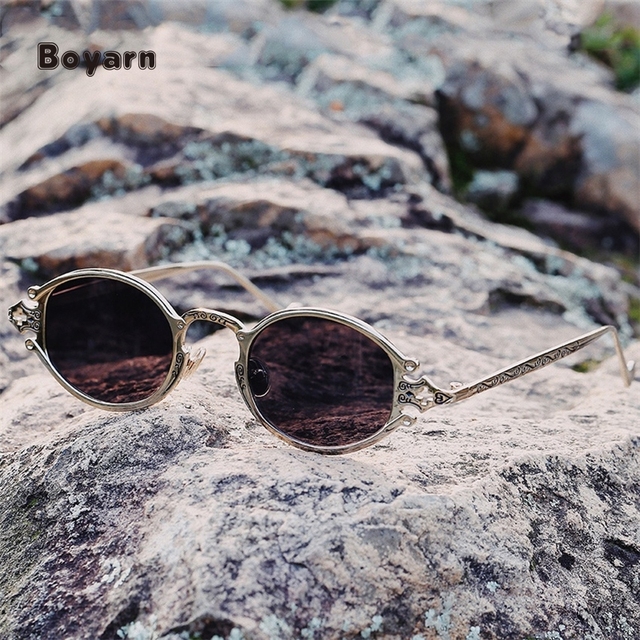 Boyarn Wholesale Luxury Metal Frame Steampunk Glasses Gothic Oval Women Men Carved Ancient Design UV400 Protection Shade
