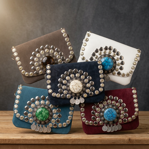 Bolso bandolera de gamuza verde con adornos de piedras turquesa y detalles de flecos, estilo moderno para mujer - Product Image 6