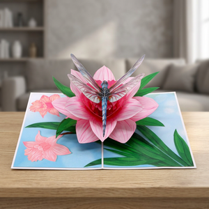 Carte pop-up 3D florale rose avec lys et libellule, artisanat en papier fait main, décoration rectangulaire pour la maison, design découpé, impression offset - Product Image 4
