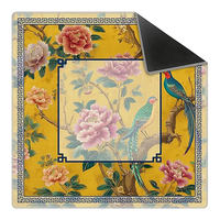 Tapis de table de mahjong et poker chinois traditionnel de luxe, motif floral et oiseaux, jaune et bleu, 31,5x31,5 pouces, antidérapant et insonorisant