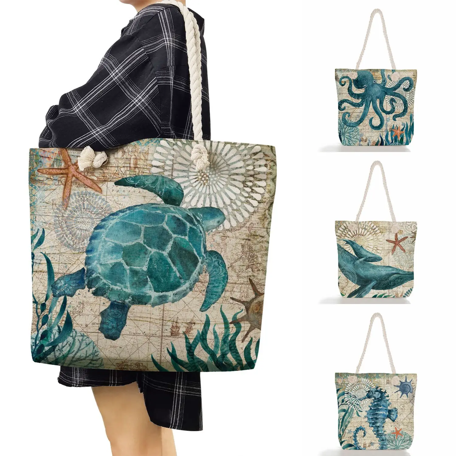 High Capacity Travel Beach Bag Whale Hippocampus Tote Bag Turtle Octopus Print Handbag Women Shoulder Bag Eco Shopping Tote