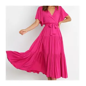 fall 2022 women clothes new style v-neck new solid color short-sleeved long skirt dress large swing type Maxi A Line Dress