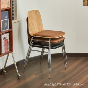 Dining Chair Solid Wood <b>Backrest</b> Brown Leather Seat Metal Legs Modern Design For Home Living Room Use - Product Image 5