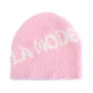 Qianzun fabricante de punto personalizado gorro de punto jacquard Rosa peludo mohair gorro de punto para las mujeres