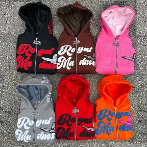 Hoodie 400 500 Gsm kustom pabrik gaya jalan uniseks Hoodie cetak Puff ritsleting penuh kelas berat pria