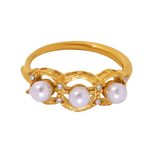 Classic Three Stone Pearl <b>Ring</b> Women's 9K Gold Jewelry 18K Gold Plated Round Natural Pearl Prong Setting Daily Wedding Style - Product Image 3