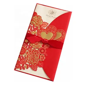 Luxo Atacado Personalizado Laser Cut Convites De Casamento Luxo com Fita e Envelopes Cartão Do Convite Do Casamento