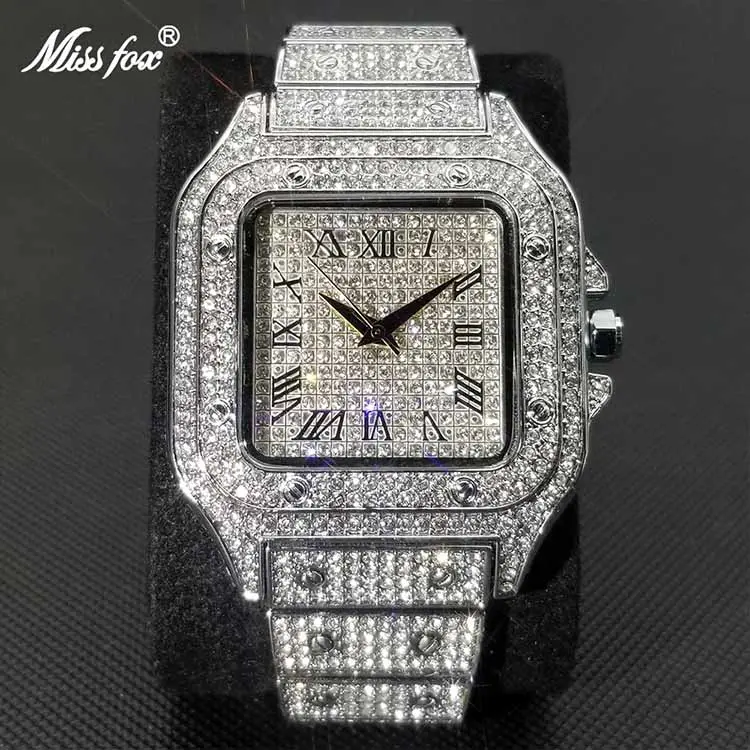 Reloj cuadrado de lujo para hombre, pulsera de acero inoxidable con diamantes, estilo Hip Hop, Icy, gran oferta