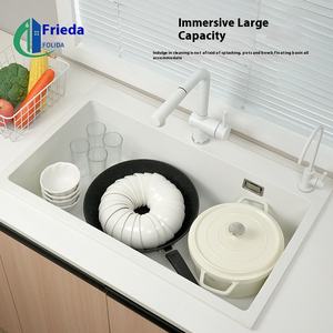 פרידה כיור מטבח יחיד מרובע אבן קוורץ לבן אבן אחד עיצוב דלפק התקנה כולל אגני גרניט ירקות - Product Image 3