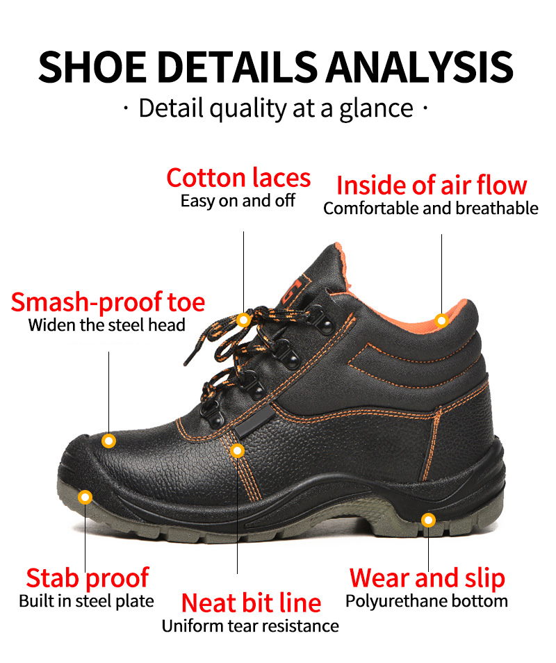 zapatos de trabajo S1P Genuine leather PU double density injection safety boots work boots with orange lining
