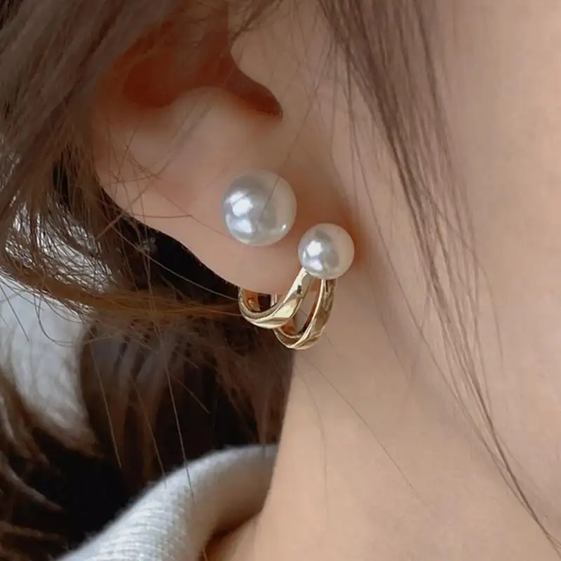 Koreanische Ohrringe Klauenohrhaken Clip-Ohrringe für Damen 2 große Perlen Goldfarbene Ohrringe modisches Schmuckgeschenk