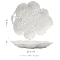 Assiette en céramique à motifs de feuilles et de fruits en relief, plat de service sculpté blanc pour desserts, apéritifs, décoration intérieure et cadeaux