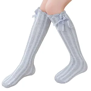 春夏女童儿童膝盖高筒袜蝴蝶结网布透气长筒袜白色灰色黑色粉色3-12岁
