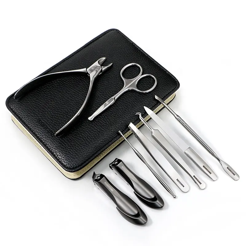 9 PCS Black Stainless Steel Nail Clippers Trimmer Cutter Cuticle Pusher Pedicure Grooming Manicure Set Travel Manicure Kit