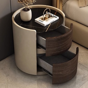 Comodino <span class=keywords><strong>Rotondo</strong></span> di Design Minimalista di Fascia Alta in Legno Massello di Lusso Leggero per Camera da <span class=keywords><strong>Letto</strong></span> con Piano in Pelle e Lastra di Roccia - Product Image 4